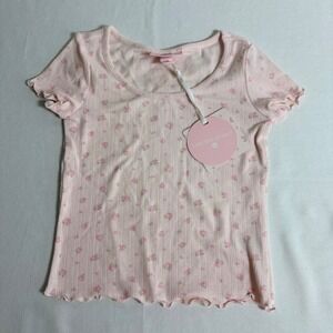LoveShackFancy Target Top M Pink NEW Floral Pointelle Lettuce Trim Scoop Neck